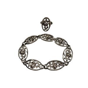 Vintage Avon Rose Link Bracelet Ring Set Silver Tone Floral Filigree Jewelry